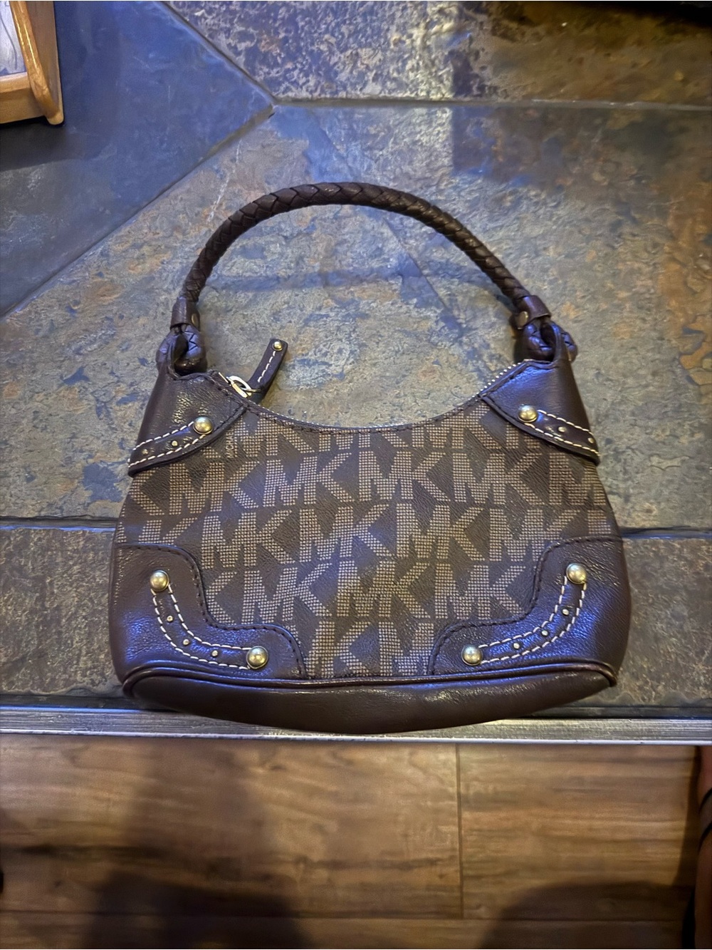 Vintage Mini MK Dark Brown Logo-Pattern Shoulder Bag with Braided Handle